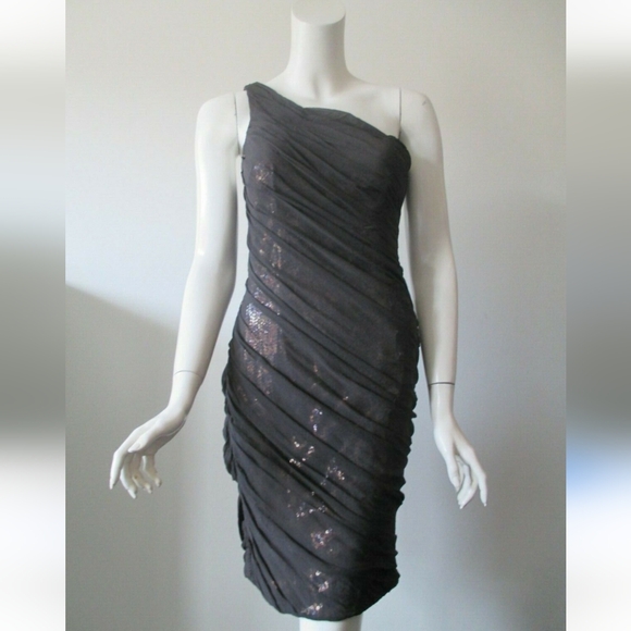 Aidan Mattox Brown One Shoulder Sequin Mesh Overlay Gathered Dress Size 4 - Picture 1 of 12
